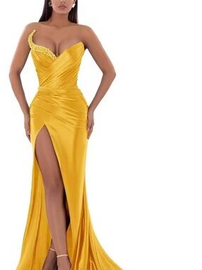 Strapless Yellow Satin Evening Gown with Thigh Slit